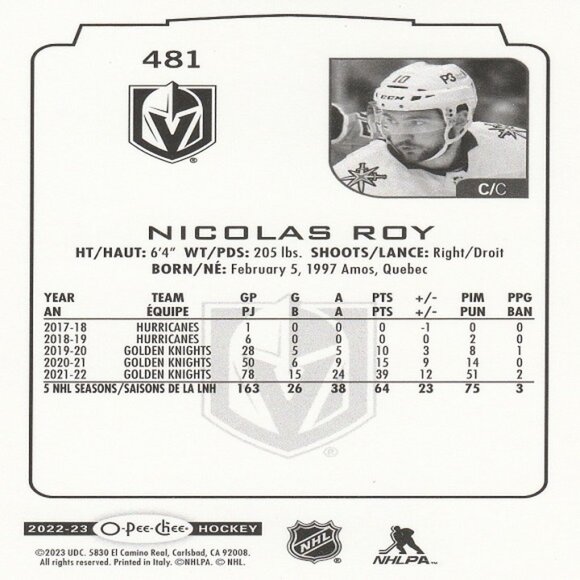 Nicolas Roy - 2022/2023 O Pee Chee Hockey Card - Picture 2 of 2